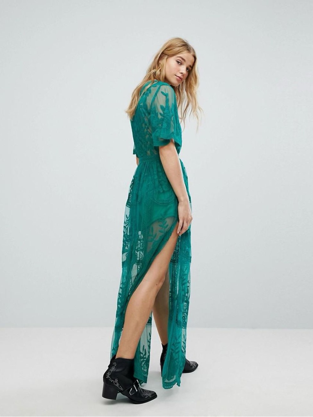NWT Honey Punch Teal Lace Mesh Overlay Romper Maxi Dress Sz S $62 MSRP Summer
